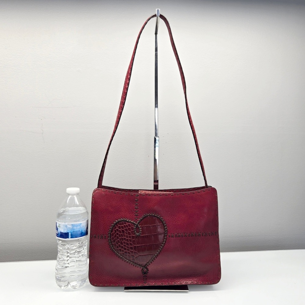Vintage Y2K Brighton Shoulder Bag Medium Leather Heart Croc Embossed Whipstitch
